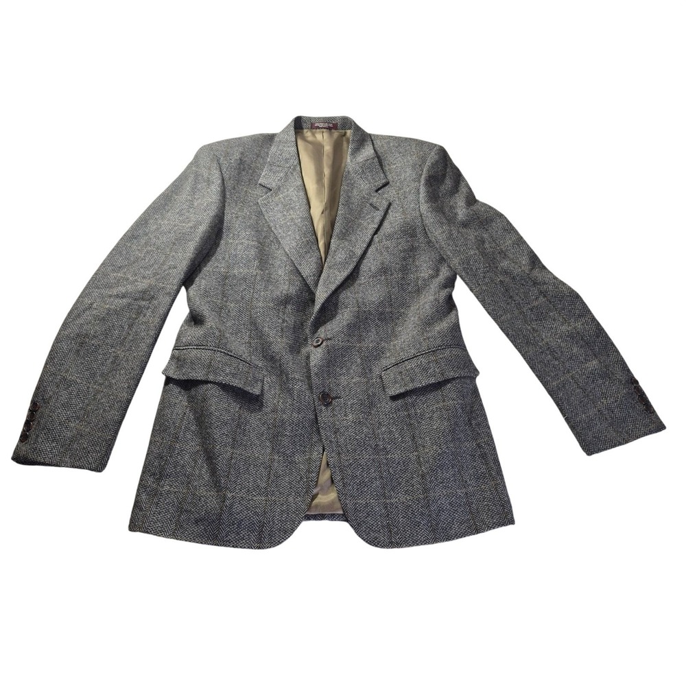 Evan-Picone Pure Wool Blazer 38L Mens Grey Herringbone Windowpane Sport Coat VTG
